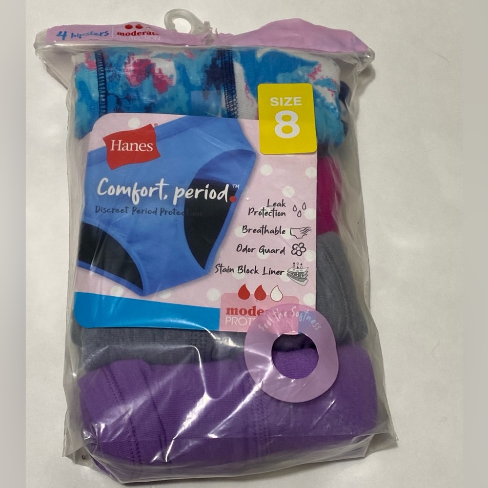 Hanes Girls Hipster Period Underwear 4 Pack Moderate Protection Size 8 NIB
